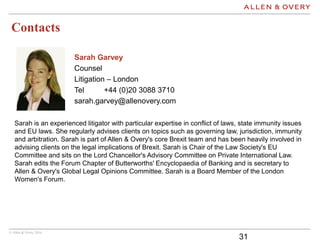 © Allen & Overy 2016
31
Contacts
Sarah Garvey
Counsel
Litigation – London
Tel +44 (0)20 3088 3710
sarah.garvey@allenovery....
