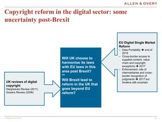 © Allen & Overy 2016 2626
Copyright reform in the digital sector: some
uncertainty post-Brexit
UK reviews of digital
copyr...