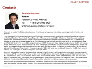 © Allen & Overy 2016 3636
Contacts
Antonio Bavasso
Partner
Partner Co-Head Antitrust
Tel +44 (0)20 3088 2428
antonio.bavas...