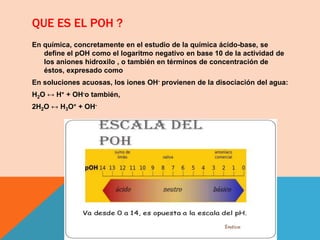QUE ES EL POH ?
En química, concretamente en el estudio de la química ácido-base, se
define el pOH como el logaritmo negativo en base 10 de la actividad de
los aniones hidroxilo , o también en términos de concentración de
éstos, expresado como
En soluciones acuosas, los iones OH- provienen de la disociación del agua:
H2O ↔ H+ + OH-o también,
2H2O ↔ H3O+ + OH-
 