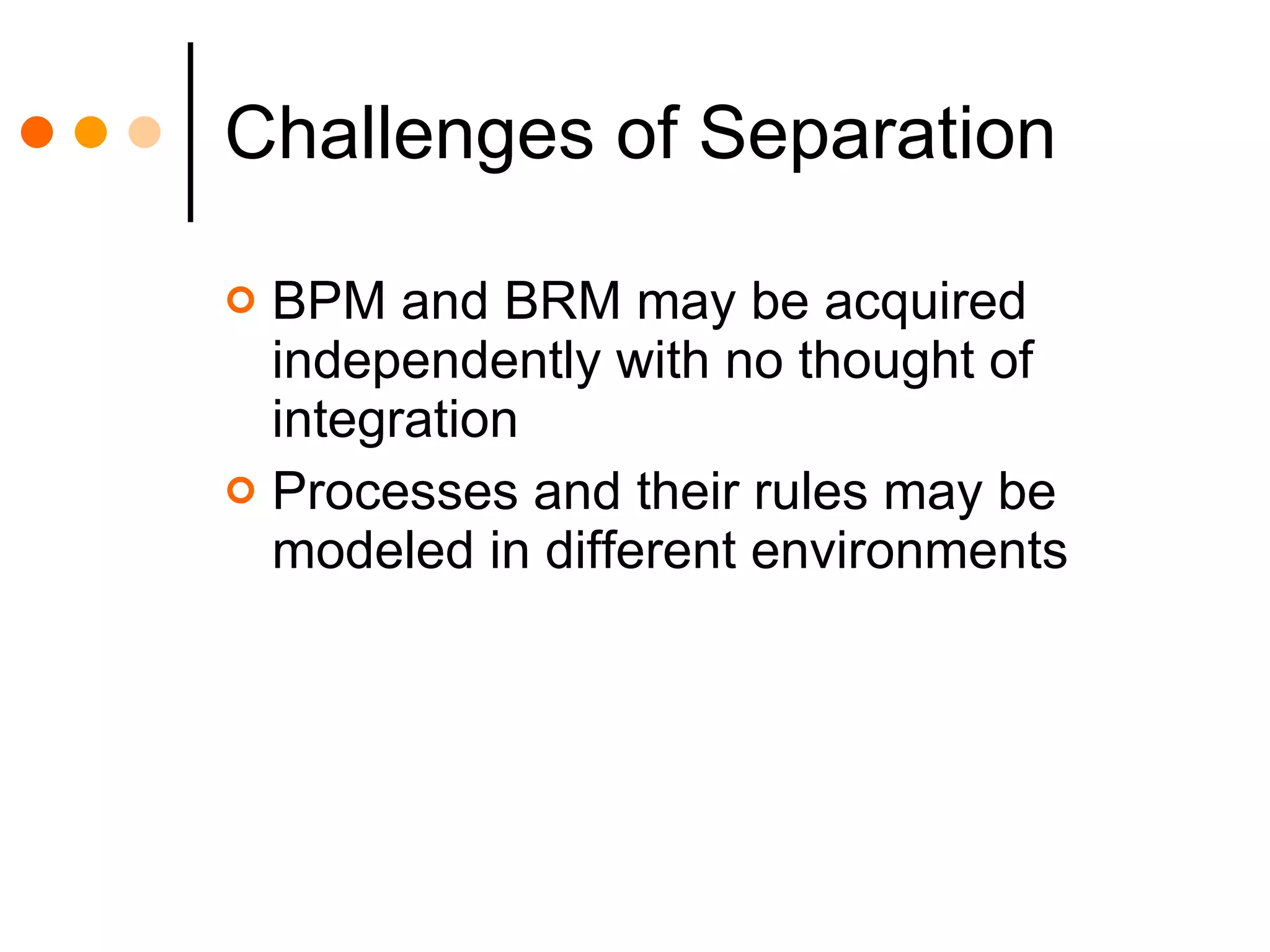 Challenges of Separation BPM and BRM may be acquired independently with no thought of integration Processes and their rules may be modeled in different environments 