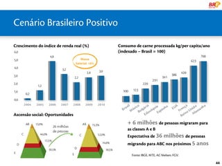 Cenário líder Global
  uma Brasileiro Positivo
Crescimento do índice de renda real (%)   Consumo de carne processada kg/per capita/ano
                                          (indexado – Brasil = 100)




Ascensão social: Oportunidades
                                              + 6 milhões de pessoas migraram para
                                              as classes A e B
                                              Expectativa de 36 milhões de pessoas
                                              migrando para ABC nos próximos 5 anos

                                                Fonte: IBGE, MTE, AC Nielsen, FGV.

                                                                                          44
 