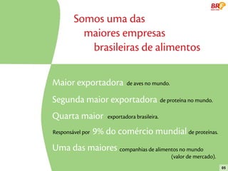 Somos uma das
          maiores empresas
           brasileiras de alimentos

Maior exportadora             de aves no mundo.

Segunda maior exportadora de proteína no mundo.
Quarta maior          exportadora brasileira.

Responsável por   9% do comércio mundial de proteínas.
Uma das maiores companhias de alimentos no mundo
                                                  (valor de mercado).
                                                                        05
 