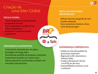 Criação de
     uma líder Global                              PRÁTICAS FINANCEIRAS
Principais Números                                 DISCIPLINADAS
ESCALA GLOBAL
                                                   :: Robusta estrutura de gestão de risco
:: Maior companhia em industrializados             :: Liquidez adequada
  e congelados do Brasil                           :: Forte crescimento histórico e bons
:: Maior exportadora mundial de aves                níveis de alavancagem
:: Maior companhia de
  proteínas no mundo em market
   capitalization




CRESCIMENTO SUSTENTÁVEL                            GOVERNANÇA CORPORATIVA
:: Crescimento orientado por um plano
                                                   :: Adesão aos mais altos padrões de
   estratégico de longo prazo
                                                      governança corporativa
:: Diversificado portfólio de produtos, mantendo   :: Registrada na SEC; observância à
   importantes posições em market share               Sarbanes-Oxley
:: Marcas altamente reconhecidas no Brasil e em    :: Listada na Bovespa por 30 anos
   mercados internacionais                            e na NYSE por dez anos;
                                                   :: Sustentabilidade econômica, social
                                                      e ambiental

                                                                                             07
 
