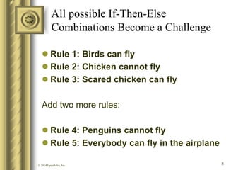 All possible If-Then-Else Combinations Become a Challenge 
Rule 1: Birds can fly 
Rule 2: Chicken cannot fly 
Rule 3: Scared chicken can fly 
Add two more rules: 
Rule 4: Penguins cannot fly 
Rule 5: Everybody can fly in the airplane 
© 2014 OpenRules, Inc. 
8  