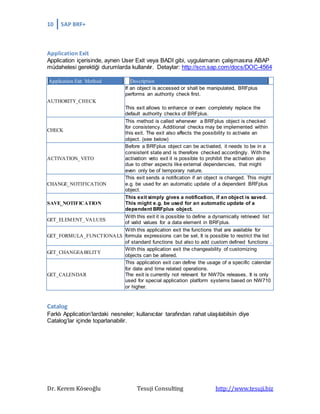 10 SAP BRF+
Dr. Kerem Köseoğlu Tesuji Consulting http://www.tesuji.biz
Application Exit
Application içerisinde, aynen User Exit veya BADI gibi, uygulamanın çalışmasına ABAP
müdahelesi gerektiği durumlarda kullanılır. Detaylar: http://scn.sap.com/docs/DOC-4564
Application Exit Method Description
AUTHORITY_CHECK
If an object is accessed or shall be manipulated, BRFplus
performs an authority check first.
This exit allows to enhance or even completely replace the
default authority checks of BRFplus.
CHECK
This method is called whenever a BRFplus object is checked
for consistency. Additional checks may be implemented within
this exit. The exit also affects the possibility to activate an
object. (see below)
ACTIVATION_VETO
Before a BRFplus object can be activated, it needs to be in a
consistent state and is therefore checked accordingly. With the
activation veto exit it is possible to prohibit the activation also
due to other aspects like external dependencies, that might
even only be of temporary nature.
CHANGE_NOTIFICATION
This exit sends a notification if an object is changed. This might
e.g. be used for an automatic update of a dependent BRFplus
object.
SAVE_NOTIFICATION
This exit simply gives a notification, if an object is saved.
This might e.g. be used for an automatic update of a
dependent BRFplus object.
GET_ELEMENT_VALUES
With this exit it is possible to define a dynamically retrieved list
of valid values for a data element in BRFplus.
GET_FORMULA_FUNCTIONALS
With this application exit the functions that are available for
formula expressions can be set. It is possible to restrict the list
of standard functions but also to add custom defined functions .
GET_CHANGEABILITY
With this application exit the changeability of customizing
objects can be altered.
GET_CALENDAR
This application exit can define the usage of a specific calendar
for date and time related operations.
The exit is currently not relevant for NW70x releases. It is only
used for special application platform systems based on NW710
or higher.
Catalog
Farklı Application’lardaki nesneler; kullanıcılar tarafından rahat ulaşılabilsin diye
Catalog’lar içinde toparlanabilir.
 