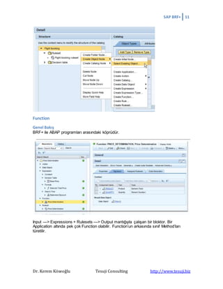 SAP BRF+ 11
Dr. Kerem Köseoğlu Tesuji Consulting http://www.tesuji.biz
Function
Genel Bakış
BRF+ ile ABAP programları arasındaki köprüdür.
Input —> Expressions + Rulesets —> Output mantığıyla çalışan bir bloktor. Bir
Application altında pek çok Function olabilir. Function’un arkasında sınıf Method’ları
türetilir.
 