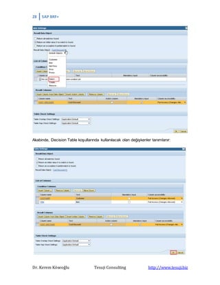28 SAP BRF+
Dr. Kerem Köseoğlu Tesuji Consulting http://www.tesuji.biz
Akabinde, Decision Table koşullarında kullanılacak olan değişkenler tanımlanır:
 