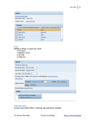 SAP BRF+ 31
Dr. Kerem Köseoğlu Tesuji Consulting http://www.tesuji.biz
Loop
Bildiğimiz döngü. 4 çeşit Loop vardır:
 For Each
 Repeat n times
 Do Until
 While Do
Table Operation
Context içerisindeki ITAB’ın verileriyle ilgili işlemlerdir. Çeşitleri:
 