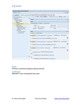 42 SAP BRF+
Dr. Kerem Köseoğlu Tesuji Consulting http://www.tesuji.biz
Action
Fonksiyon içerisinde yürütülecek işlemleri tanımlar.
Log Message
Application Log’a mesaj göndermeye yarar.
 