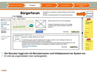 Lösungsvorschlag
        Weg zum Anmelden   Einloggen     Bewerten     Kommentieren
                                                                         anlegen




 Der Benutzer loggt sich mit Benutzernamen und Initialpasswort am System ein.
 Er wird als angemeldeter User weitergeleitet.




Login
 
