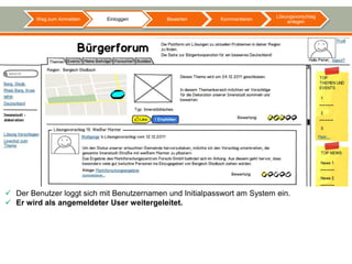 Lösungsvorschlag
        Weg zum Anmelden   Einloggen        Bewerten      Kommentieren
                                                                              anlegen




 Der Benutzer loggt sich mit Benutzernamen und Initialpasswort am System ein.
 Er wird als angemeldeter User weitergeleitet.
 