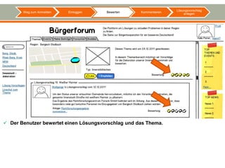 Lösungsvorschlag
       Weg zum Anmelden   Einloggen    Bewerten     Kommentieren
                                                                       anlegen




 Der Benutzer bewertet einen Lösungsvorschlag und das Thema.
 