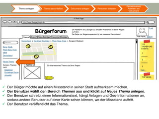Gemeinsames
          Thema anlegen   Thema abschließen   Dokument anlegen   Personen einladen    Arbeiten am
                                                                                       Dokument




 Der Bürger möchte auf einen Missstand in seiner Stadt aufmerksam machen.
 Der Benutzer wählt den Bereich Themen aus und klickt auf Neues Thema anlegen.
 Der Benutzer schreibt einen Informationstext, hängt Anlagen und Geo-Informationen an,
  sodass andere Benutzer auf einer Karte sehen können, wo der Missstand auftritt.
 Der Benutzer veröffentlicht das Thema.
 