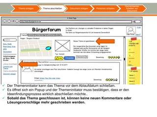 Gemeinsames
         Thema anlegen   Thema abschließen   Dokument anlegen   Personen einladen    Arbeiten am
                                                                                      Dokument




 Der Themeninitiator kann das Thema vor dem Ablaufdatum schließen.
 Es öffnet sich ein Popup und der Themeninitiator muss bestätigen, dass er den
  Ideenfindungsprozess wirklich abschließen möchte..
 Sobald das Thema geschlossen ist, können keine neuen Kommentare oder
  Lösungsvorschläge mehr geschrieben werden.
 
