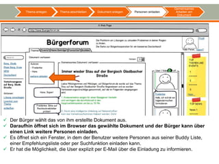 Gemeinsames
          Thema anlegen   Thema abschließen   Dokument anlegen   Personen einladen    Arbeiten am
                                                                                       Dokument




 Der Bürger wählt das von ihm erstellte Dokument aus.
 Daraufhin öffnet sich im Browser das gewählte Dokument und der Bürger kann über
  einen Link weitere Personen einladen.
 Es öffnet sich ein Fenster, in dem der Benutzer weitere Personen aus seiner Buddy Liste,
  einer Empfehlungsliste oder per Suchfunktion einladen kann.
 Er hat die Möglichkeit, die User explizit per E-Mail über die Einladung zu informieren.
 