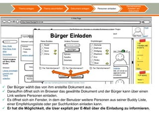 Gemeinsames
          Thema anlegen   Thema abschließen   Dokument anlegen   Personen einladen    Arbeiten am
                                                                                       Dokument




 Der Bürger wählt das von ihm erstellte Dokument aus.
 Daraufhin öffnet sich im Browser das gewählte Dokument und der Bürger kann über einen
  Link weitere Personen einladen.
 Es öffnet sich ein Fenster, in dem der Benutzer weitere Personen aus seiner Buddy Liste,
  einer Empfehlungsliste oder per Suchfunktion einladen kann.
 Er hat die Möglichkeit, die User explizit per E-Mail über die Einladung zu informieren.
 