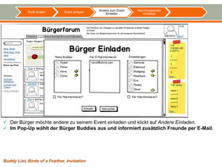 Andere zum Event   Abschlussbericht
            Profil ändern      Event anlegen
                                                   Einladen          schreiben




 Der Bürger möchte andere zu seinem Event einladen und klickt auf Andere Einladen.
 Im Pop-Up wählt der Bürger Buddies aus und informiert zusätzlich Freunde per E-Mail.




Buddy List, Birds of a Feather, Invitation
 