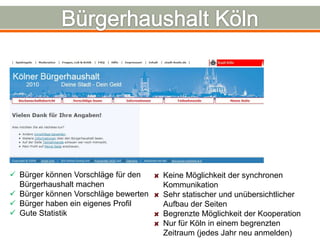  Bürger können Vorschläge für den    Keine Möglichkeit der synchronen
  Bürgerhaushalt machen               Kommunikation
 Bürger können Vorschläge bewerten   Sehr statischer und unübersichtlicher
 Bürger haben ein eigenes Profil     Aufbau der Seiten
 Gute Statistik                      Begrenzte Möglichkeit der Kooperation
                                      Nur für Köln in einem begrenzten
                                      Zeitraum (jedes Jahr neu anmelden)
 