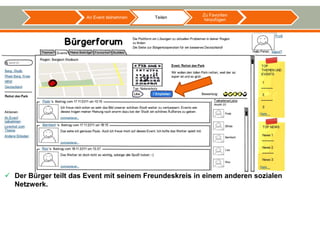 Zu Favoriten
                       An Event teilnehmen   Teilen
                                                         hinzufügen




 Der Bürger teilt das Event mit seinem Freundeskreis in einem anderen sozialen
  Netzwerk.
 