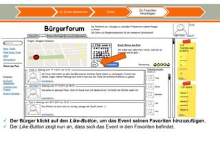 Zu Favoriten
                       An Event teilnehmen   Teilen
                                                         hinzufügen




 Der Bürger klickt auf den Like-Button, um das Event seinen Favoriten hinzuzufügen.
 Der Like-Button zeigt nun an, dass sich das Event in den Favoriten befindet.
 