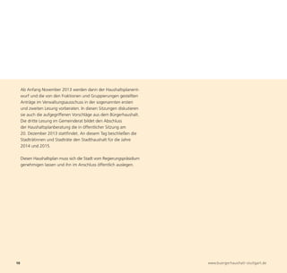 Ab Anfang November 2013 werden dann der Haushaltsplanent-
     wurf und die von den Fraktionen und Gruppierungen gestellten
     Anträge im Verwaltungsausschuss in der sogenannten ersten
     und zweiten Lesung vorberaten. In diesen Sitzungen diskutieren
     sie auch die aufgegriffenen Vorschläge aus dem Bürgerhaushalt.
     Die dritte Lesung im Gemeinderat bildet den Abschluss
     der Haushaltsplanberatung die in öffentlicher Sitzung am
     20. Dezember 2013 stattfindet. An diesem Tag beschließen die
     Stadträtinnen und Stadträte den Stadthaushalt für die Jahre




10                                                                      www.buergerhaushalt-stuttgart.de
     2014 und 2015.

     Diesen Haushaltsplan muss sich die Stadt vom Regierungspräsidium
     genehmigen lassen und ihn im Anschluss öffentlich auslegen.
 