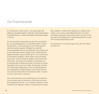 Der Finanzhaushalt

     Im Finanzhaushalt werden alle Ein- und Auszahlungen des                Block aufgeführt. Kredite dürfen allerdings nur aufgenommen
     städtischen Haushaltes geplant. Er stellt dar, ob die Stadt genügend   werden, wenn es keine andere Möglichkeit gibt. Sie müssen
     finanzielle Mittel hat, um alle notwendigen Auszahlungen tätigen       vom Regierungspräsidium genehmigt werden, das prüft, ob die
     zu können.                                                             dauernde Leistungsfähigkeit der Landeshauptstadt durch zusätz-
                                                                            liche Schulden beeinträchtigt würde.
     Der Finanzhaushalt unterscheidet zwischen drei verschiedenen
     Ein- und Auszahlungsblöcken. An erster Stelle werden im Finanz-        Die einzelnen Ein- und Auszahlungen für das Jahr 2013 stehen
     haushalt die Ein- und Auszahlungen und der Zahlungsmittel-             auf Seite 79 ff.
     überschuss beziehungsweise -fehlbedarf aus laufender




14                                                                                                         www.buergerhaushalt-stuttgart.de
     Verwaltungstätigkeit als Summen dargestellt. Diese ergeben sich
     aus den zahlungswirksamen Erträgen und Aufwendungen des
     Ergebnishaushaltes. Danach werden alle Ein- und Auszahlungen
     für Investitionen aufgeführt, die die Stadt in den kommenden
     Jahren plant. Zu den Investitionen gehören unter anderem Bau-
     maßnahmen, der Erwerb von Vermögen wie Fahrzeuge und
     Grundstücke oder Investitionszuschüsse für den Bau von Kinder-
     tagesstätten durch einen freien Träger. Einzahlungen entstehen
     im Finanzhaushalt beispielsweise, wenn die Stadt bewegliches
     und unbewegliches Anlagevermögen verkauft oder Zuschüsse
     vom Land, Bund oder Dritten für Investitionen erhält, um damit
     Schulen zu bauen oder zu erweitern.

     Wenn die Einzahlungen eines Haushaltsjahres nicht ausreichen,
     um die Auszahlungen zu finanzieren und die Stadt nicht genü-
     gend angespartes Geld hat, muss sie Kredite aufnehmen. Kredit-
     aufnahmen und Tilgungen werden im Finanzhaushalt im letzten
 