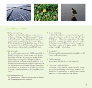 Projekte/Maßnahmen 2012/13

■ Biotopverbundplanung:                                           ■ Energie-Contracting:
  Im Rahmen der Biotopverbundplanung werden in einem                Im Rahmen des stadtinternen Energie-Contractingmodells
  größeren, mehrjährigen Projekt (Wandelprojekt) in Wangen          werden für Maßnahmen zur Energieeinsparung in den Jahren
  und Hedelfingen alte Wege und die sie begleitenden Trocken-       2012/13 rund 4 Millionen Euro eingesetzt, die in den Folge-
  mauern wieder hergestellt. Ziel ist die Verbesserung der          jahren durch eingesparte Energiekosten refinanziert werden.
  Erholungsmöglichkeiten für die Bevölkerung und der Erhalt         Der Nettogewinn aus der Differenz zwischen eingesparten
  der artenreichen Tier- und Pflanzenwelt in den fugenreichen       Energiekosten und der zur Verfügung gestellten Geldmittel




                                                                                                                                      35
  Natursteinmauern (Gesamtkosten: circa 500.000 Euro).              beträgt im Jahr 2011 5,4 Mio. Euro.

■ Lärmaktionsplan:                                                ■ Strombedarf:
  Der Lärmaktionsplan wurde im Jahr 2009 fertiggestellt. Er ist     Der Strombedarf der Landeshauptstadt wird ab 2012 zu 100
  bis 2013 fortzuschreiben. Konkret umgesetzt werden zum            Prozent aus Ökostrom gedeckt.
  Beispiel das Aufbringen lärmmindernder Fahrbahnbeläge,
  Bau zusätzlicher Kreisverkehre und Straßenrückbau im            ■ PLUS-Energieschule:
  Bereich Waiblinger Straße/Nürnberger Straße („alte“ B14).         Sanierung der Uhlandschule zur Plusenergieschule
  Bezüglich Luftreinhaltung koordiniert das Amt die Umsetzung
  der Maßnahmen im Luftreinhalteplan Stuttgart. Dazu gehören      ■ Projekt Stadt mit Energieeffizienz:
  unter anderem die Umweltzone, ein LKW-Durchfahrtsverbot           Mit Hilfe des Projekts Stadt mit Energieeffizienz SEE Stuttgart
  in Stuttgart sowie Überlegungen zu Geschwindigkeitsreduk-         wird ein Energieaktionsplan entwickelt und umgesetzt, der
  tionen.                                                           dazu führen soll, dass die Stadt im Jahr 2020 den Energiever-
                                                                    brauch um 20 Prozent gegenüber 1990 reduziert.
■ Klimaanpassungskonzept:
  Zur Bewältigung der Folgen der Erderwärmung hat das Amt
  ein Klimaanpassungskonzept entwickelt.
 