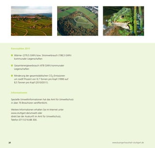 Kennzahlen 2011

     ■ Wärme- (279,5 GWh) bzw. Stromverbrauch (198,5 GWh)
       kommunaler Liegenschaften

     ■ Gesamtenergieverbrauch (478 GWh) kommunaler
       Liegenschaften

     ■ Minderung der gesamtstädtischen CO2-Emissionen




36                                                                www.buergerhaushalt-stuttgart.de
       um zwölf Prozent von 9,7 Tonnen pro Kopf (1990) auf
       8,5 Tonnen pro Kopf (2010/2011).



     Informationen

     Spezielle Umweltinformationen hat das Amt für Umweltschutz
     in über 70 Broschüren veröffentlicht.

     Weitere Informationen erhalten Sie im Internet unter
     www.stuttgart.de/umwelt oder
     direkt bei der Auskunft im Amt für Umweltschutz,
     Telefon 0711/216-88 300.
 