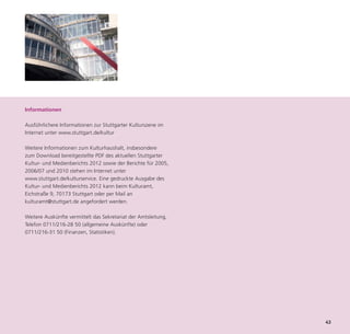 Informationen

Ausführlichere Informationen zur Stuttgarter Kulturszene im
Internet unter www.stuttgart.de/kultur

Weitere Informationen zum Kulturhaushalt, insbesondere
zum Download bereitgestellte PDF des aktuellen Stuttgarter
Kultur- und Medienberichts 2012 sowie der Berichte für 2005,
2006/07 und 2010 stehen im Internet unter




                                                                43
www.stuttgart.de/kulturservice. Eine gedruckte Ausgabe des
Kultur- und Medienberichts 2012 kann beim Kulturamt,
Eichstraße 9, 70173 Stuttgart oder per Mail an
kulturamt@stuttgart.de angefordert werden.

Weitere Auskünfte vermittelt das Sekretariat der Amtsleitung,
Telefon 0711/216-28 50 (allgemeine Auskünfte) oder
0711/216-31 50 (Finanzen, Statistiken).
 
