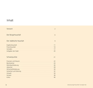 Inhalt

    Vorwort                   2



    Der Bürgerhaushalt        6



    Der städtische Haushalt   9

    Ergebnishaushalt          11




4                                  www.buergerhaushalt-stuttgart.de
    Finanzhaushalt            14
    Schulden                  17
    Aufgaben der Stadt        20



    Schwerpunkte              21

    Finanzen und Steuern      22
    Bezirksämter              24
    Wohnbauförderung          26
    Jobcenter                 28
    Wirtschaftsförderung      30
    Sicherheit und Ordnung    32
    Umwelt                    34
    Schulen                   38
    Kultur                    40
 