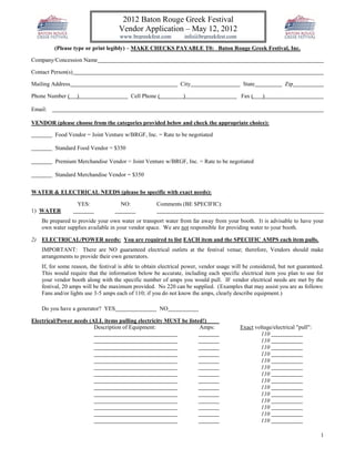 2012 Baton Rouge Greek Festival
                                     Vendor Application – May 12, 2012
                                     www.brgreekfest.com         info@brgreekfest.com

         (Please type or print legibly) – MAKE CHECKS PAYABLE T0: Baton Rouge Greek Festival, Inc.

Company/Concession Name

Contact Person(s)

Mailing Address                                                 City                       State             Zip

Phone Number (      )                       Cell Phone (         )                        Fax (    )

Email:

VENDOR (please choose from the categories provided below and check the appropriate choice):

         Food Vendor = Joint Venture w/BRGF, Inc. = Rate to be negotiated

         Standard Food Vendor = $350

         Premium Merchandise Vendor = Joint Venture w/BRGF, Inc. = Rate to be negotiated

         Standard Merchandise Vendor = $350


WATER & ELECTRICAL NEEDS (please be specific with exact needs):

                    YES:              NO:             Comments (BE SPECIFIC):
1) WATER
    Be prepared to provide your own water or transport water from far away from your booth. It is advisable to have your
    own water supplies available in your vendor space. We are not responsible for providing water to your booth.

2) ELECTRICAL/POWER needs: You are required to list EACH item and the SPECIFIC AMPS each item pulls.
    IMPORTANT: There are NO guaranteed electrical outlets at the festival venue; therefore, Vendors should make
    arrangements to provide their own generators.
    If, for some reason, the festival is able to obtain electrical power, vendor usage will be considered, but not guaranteed.
    This would require that the information below be accurate, including each specific electrical item you plan to use for
    your vendor booth along with the specific number of amps you would pull. IF vendor electrical needs are met by the
    festival, 20 amps will be the maximum provided. No 220 can be supplied. (Examples that may assist you are as follows:
    Fans and/or lights use 3-5 amps each of 110; if you do not know the amps, clearly describe equipment.)

    Do you have a generator? YES                       NO

Electrical/Power needs (ALL items pulling electricity MUST be listed!)
                         Description of Equipment:                 Amps:                 Exact voltage/electrical "pull":
                                                                                                 110
                                                                                                 110
                                                                                                 110
                                                                                                 110
                                                                                                 110
                                                                                                 110
                                                                                                 110
                                                                                                 110
                                                                                                 110
                                                                                                 110
                                                                                                 110
                                                                                                 110
                                                                                                 110
                                                                                                 110

                                                                                                                            1
 