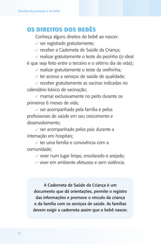 Direitos da gestante e do bebê

Os direitos dos bebês
Conheça alguns direitos do bebê ao nascer:
4 ser registrado gratuitamente;
4 receber a Caderneta de Saúde da Criança;
4 realizar gratuitamente o teste do pezinho (o ideal
é que seja feito entre o terceiro e o sétimo dia de vida);
4 realizar gratuitamente o teste da orelhinha;
4 ter acesso a serviços de saúde de qualidade;
4 receber gratuitamente as vacinas indicadas no
calendário básico de vacinação;
4 mamar exclusivamente no peito durante os
primeiros 6 meses de vida;
4 ser acompanhado pela família e pelos
profissionais de saúde em seu crescimento e
desenvolvimento;
4 ser acompanhado pelos pais durante a
internação em hospitais;
4 ter uma família e convivência com a
comunidade;
4 viver num lugar limpo, ensolarado e arejado;
4 viver em ambiente afetuoso e sem violência.

A Caderneta de Saúde da Criança é um
documento que dá orientações, permite o registro
das informações e promove o vínculo da criança
e da família com os serviços de saúde. As famílias
devem exigir a caderneta assim que o bebê nascer.

12

 