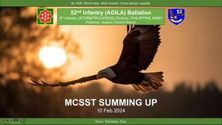 Honor. Patriotism. Duty.
By 2040: World class. Multi mission. Cross domain capable.
52nd Infantry (AGILA) Battalion
8th Infantry (STORMTROOPERS) Division, PHILIPPINE ARMY
Poblacion Jipapad, Eastern Samar
10 Feb 2024
MCSST SUMMING UP
 