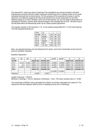 © Version: 15 Apr 15 4 - 16
The observed FL values are close to bearings if the calculations are carried correctly in the field.
Experienced surveyors with this modern equipment would have the FL readings closer to the actual
calculated bearings than is shown above. For the purposes of this practical we choose to use the
bearing to one reference target at the start of the traverse and use the observation to the other
reference target as a check. Similarly, at the end of the traverse, we use one target’s observations to
calculate the misclose, and the other reference target in this example has an error. We learn how to
use all observations simultaneously when we do a least squares adjustment.
The angular misclose in this traverse is + 8”, so we subtract sequentially 8/4 = 2” from each bearing.
Thus the adjusted bearings are:
From To ° ' ''
D210B ST A 279 23 06
ST A BG361 216 09 23
ST A ST B 212 49 34
ST B BG361 10 25 22
ST B D811 179 44 00
D811 LC 153 334 32 17
Next, use adjusted bearings and grid distances from above, and known coordinates of start and end
points to calculate miscloses.
Bowditch Adjustment:
Point ∆E ∆N E N adj ∆E adj ∆N E N
D210B 336633.044 6245395.354 336633.044 6245395.354
ST A -61.93 10.236 336571.115 6245405.590 +0.0066 +0.0009 336571.121 6245405.591
ST B -24 -37.21 336547.113 6245368.383 +0.0047 +0.0006 336547.124 6245368.384
D811 0.4078 -87.63 336547.521 6245280.756 +0.0092 +0.0012 336547.541 6245280.759
D811 336547.541 6245280.759 336547.541 6245280.759
Σ 0.0205 Σ 0.0027
Misclose -0.0205 -0.0027
Length of traverse = 194.674
Misclose in Eastings = -20 mm, Misclose in Northings = -3mm. The linear misclose ratio is 1: 9,400
The coordinates of BG361 where calculated from Station A and then calculated from station B. The
values from the two radiations differ by 2mm in Eastings and by 5mm in Northings.
 