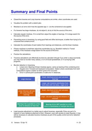 © Version: 15 Apr 15 4 - 23
Summary and Final Points
 Closed-line traverse and Loop traverse computations are similar, when coordinates are used.
 Visualise the problem with a sketch plan.
 Misclose is an error and it has the opposite sign (+ -) to the corrections to be applied.
 If a traverse has large miscloses, do not adjust it, do try to find the source of the error.
 Calculate angular misclose, if it is small then adjust the angles or bearings, if it is large search for
the source of the error.
 Preventing errors in traversing, by using good field and office techniques, is better than trying to fix
a traverse that contains errors.
 Calculate the coordinates of each station from bearings and distances, and the linear misclose.
 If linear misclose is small then adjust the coordinates (by e.g. Bowditch method or Transit
method). If the misclose is large search for the source of the error.
 Practice the calculations.
 Traverse calculations can effectively be done by calculator (though if you enter a value incorrectly
you may have to re-enter many values), or on an Excel spreadsheet, or in surveying CAD
programs.
 Blunder detection in traversing:
 Linear error: Bearing of linear misclose approx. same as bearing of line containing error.
 Angular error: Forward and backward computation: Station where coordinates from both
computations agree is station at which gross error occurred.
 Error in control point coordinates or scale error in distances.
 Least squares adjustment is a better way to adjust traverses, especially if they are part of a
network or have radiations attached to them. However, even with access to Least Squares, it may
still be necessary to calculate traverse miscloses as part of the quality control and error detection
processes.
 