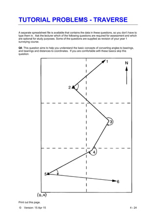 © Version: 15 Apr 15 4 - 24
TUTORIAL PROBLEMS - TRAVERSE
A separate spreadsheet file is available that contains the data in these questions, so you don’t have to
type them in. Ask the lecturer which of the following questions are required for assessment and which
are optional for study purposes. Some of the questions are supplied as revision of your year 1
surveying course.
Q0. This question aims to help you understand the basic concepts of converting angles to bearings,
and bearings and distances to coordinates. If you are comfortable with these basics skip this
question.
Print out this page.
 
