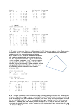 © Version: 15 Apr 15 4 - 29
Angles Horizontal Distances
BS AT FS ° ' " 24 - 1 63.575
9 24 1 211 52 52 1 - 2 72.854
24 1 2 106 25 56 2 - 3 75.832
1 2 3 168 43 16 3 - 4 61.556
2 3 4 101 26 53 4 - 36 84.805
3 4 36 155 43 06
4 36 9 134 15 33
c) DATA C
KNOWN COORDINATES E N
9 RO 1132.08 6981.69
24 START BM 1171.94 7339.56
36 END BM 1020.58 7392.58
Angles Horizontal Distances
BS AT FS ° ' " 24 - 1 63.575
9 24 1 211 52 52 1 - 2 72.854
24 1 2 106 25 56 2 - 3 75.832
1 2 3 186 43 16 3 - 4 61.556
2 3 4 101 26 53 4 - 36 84.805
3 4 36 155 43 06
4 36 9 134 15 33
Q11. A loop traverse was observed and the data and a field sketch plan is given below. Distances and
coordinates are on a local datum, there is no scale factor. Note carefully the direction of the angle
measurements, they are clockwise internal angles.
Calculate the traverse miscloses. Comment on whether
the miscloses are acceptable (within the standards) or
not. The required standards are: angular misclose < 20”
+10n and linear misclose < 15mm. If the miscloses are
acceptable then calculate adjusted coordinates of the
traverse stations using Bowditch. If the miscloses are not
acceptable then determine where the error may have
occurred and estimate the likely correct values of
erroneous data.
KNOWN COORDINATES
Pt E N
1 123.330 398.750
KNOWN BEARING
1 to 2 = 109°00’00”
Interior clockwise Angles Horizontal Distances
At ° ’ ” 1 - 2 160.335
1 78 44 43 2 - 3 65.575
2 108 56 12 3 - 4 147.610
3 99 54 56 4 – 5 91.556
4 96 41 13 5 – 1 84.805
5 155 43 06
Q12. You have just started your first full-time job with a small surveying consulting firm. While working
on a seven leg closed polygon traverse you notice that one of the angles was not measured, but keep
quiet because you don't want to cause any trouble or look stupid. While on your way back to the office
the party chief tells you to sum up the measured interior angles in the traverse. You do this and say
843°18'22". The party chief next tells you to write an angle 56°41'24" into the field book where the
missing angle should have been written. You are then told to adjust the angles and start a preliminary
 