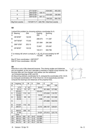 © Version: 15 Apr 15 4s - 5
E 271°33'30'' 834.683 493.242
248°42'00'' 430.14
F 268°01'30'' 433.925 336.993
336°43'30'' 607.12
G 194.025 894.705
Brg from coords: 118°29'17.3'' 220.755 Dist from coords
Q8.
I solved this problem by choosing arbitrary coordinates for A.
Pt Bearing Dist Easting Northing
A 200 0
38°20'00'' 142.00
B 288.073 111.387
347°55'00'' 172.83
C 251.894 280.388
298°12'00'' 203.15
D 72.857 376.387
29°46'00'' 143.32
E 144.011 500.796
F is midway AE which is simply EF = (EA+EE)/2 and similarly for NF
F 172.006 250.398
Brg CF from coordinates = 249°25'27''
Dist CF from coordinates = 85.332
Q9.
Note this is not a fully observed traverse. The closing angles and distances
are not supplied, so we can’t calculate a misclose or adjust a loop traverse. So
the loop data can’t be checked, and neither can the radiations!
(a) Compute bearings of BC and CD.
(b) Assuming arbitrary coordinates for A, compute the coordinates of B, C & D.
(c) Compute coordinates of P, R & S from B, C & D respectively and then
compute the bearings and distances of the property lines.
At brg/ang D M S Dist E N
A 300 100
3.70 3 42 28.02
B 70.13 70 07 30 301.808 127.962
253.83 29.454
C 113.03 113 02 273.520 119.757
186.86 18.36
D 55.50 55 30 271.328 101.528
62.36 2.98
S 273.968 102.910
B 110.87 110 52
P 294.57 4.015 298.157 129.631
C 308.03 308 02
R 21.86 6.424 275.912 125.719
Joins
AP 356.44 356° 26' 24.6'' 29.688
PR 260.03 260° 01' 31.8'' 22.586
RS 184.87 184° 52' 20.9'' 22.891
SA 96.379 96° 22' 45.2'' 26.195
 
