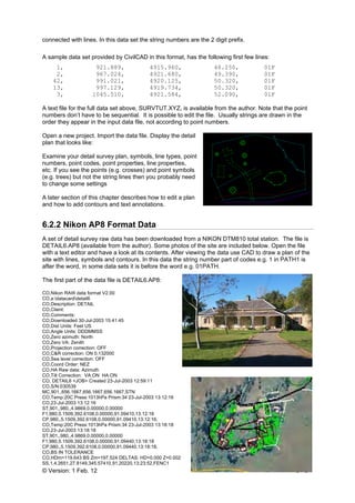© Version: 1 Feb. 12 6 - 5
connected with lines. In this data set the string numbers are the 2 digit prefix.
A sample data set provided by CivilCAD in this format, has the following first few lines:
1, 921.889, 4915.960, 48.250, 01F
2, 967.024, 4921.680, 49.390, 01F
42, 991.021, 4920.125, 50.320, 01F
13, 997.129, 4919.734, 50.320, 01F
3, 1045.510, 4921.584, 52.090, 01F
A text file for the full data set above, SURVTUT.XYZ, is available from the author. Note that the point
numbers don’t have to be sequential. It is possible to edit the file. Usually strings are drawn in the
order they appear in the input data file, not according to point numbers.
Open a new project. Import the data file. Display the detail
plan that looks like:
Examine your detail survey plan, symbols, line types, point
numbers, point codes, point properties, line properties,
etc. If you see the points (e.g. crosses) and point symbols
(e.g. trees) but not the string lines then you probably need
to change some settings
A later section of this chapter describes how to edit a plan
and how to add contours and text annotations.
6.2.2 Nikon AP8 Format Data
A set of detail survey raw data has been downloaded from a NIKON DTM810 total station. The file is
DETAIL6.AP8 (available from the author). Some photos of the site are included below. Open the file
with a text editor and have a look at its contents. After viewing the data use CAD to draw a plan of the
site with lines, symbols and contours. In this data the string number part of codes e.g. 1 in PATH1 is
after the word, in some data sets it is before the word e.g. 01PATH.
The first part of the data file is DETAIL6.AP8:
CO,Nikon RAW data format V2.00
CO,a:datacarddetail6
CO,Description: DETAIL
CO,Client:
CO,Comments:
CO,Downloaded 30-Jul-2003 15:41:45
CO,Dist Units: Feet US
CO,Angle Units: DDDMMSS
CO,Zero azimuth: North
CO,Zero VA: Zenith
CO,Projection correction: OFF
CO,C&R correction: ON 0.132000
CO,Sea level correction: OFF
CO,Coord Order: NEZ
CO,HA Raw data: Azimuth
CO,Tilt Correction: VA:ON HA:ON
CO, DETAIL6 <JOB> Created 23-Jul-2003 12:59:11
CO,S/N:030539
MC,901,,656.1667,656.1667,656.1667,STN
CO,Temp:20C Press:1013hPa Prism:34 23-Jul-2003 13:12:16
CO,23-Jul-2003 13:12:16
ST,901,,980,,4.9869,0.00000,0.00000
F1,980,5.1509,392.6108,0.00000,91.09410,13:12:16
CP,980,,5.1509,392.6108,0.00000,91.09410,13:12:16,
CO,Temp:20C Press:1013hPa Prism:34 23-Jul-2003 13:18:18
CO,23-Jul-2003 13:18:18
ST,901,,980,,4.9869,0.00000,0.00000
F1,980,5.1509,392.6108,0.00000,91.09440,13:18:18
CP,980,,5.1509,392.6108,0.00000,91.09440,13:18:18,
CO,BS IN TOLERANCE
CO,HDm=119.643 BS Zm=197.524 DELTAS: HD=0.000 Z=0.002
SS,1,4.2651,27.8149,345.57410,91.20220,13:23:52,FENC1
 