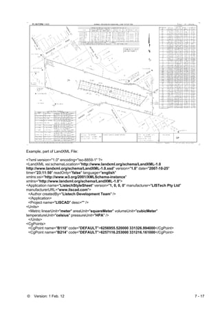 © Version: 1 Feb. 12 7 - 17
Example, part of LandXML File:
<?xml version="1.0" encoding="iso-8859-1" ?>
<LandXML xsi:schemaLocation="http://www.landxml.org/schema/LandXML-1.0
http://www.landxml.org/schema/LandXML-1.0.xsd" version="1.0" date="2007-10-25"
time="23:11:50" readOnly="false" language="english"
xmlns:xsi="http://www.w3.org/2001/XMLSchema-instance"
xmlns="http://www.landxml.org/schema/LandXML-1.0">
<Application name="ListechStyleSheet" version="1, 0, 0, 0" manufacturer="LISTech Pty Ltd"
manufacturerURL="www.liscad.com">
<Author createdBy="Listech Development Team" />
</Application>
<Project name="LISCAD" desc="" />
<Units>
<Metric linearUnit="meter" areaUnit="squareMeter" volumeUnit="cubicMeter"
temperatureUnit="celsius" pressureUnit="HPA" />
</Units>
<CgPoints>
<CgPoint name="B110" code="DEFAULT">6256955.520000 331326.994000</CgPoint>
<CgPoint name="B214" code="DEFAULT">6257116.253000 331216.161000</CgPoint>
 