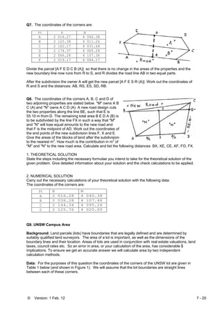 © Version: 1 Feb. 12 7 - 20
Q7. The coordinates of the corners are:
Pt E N
A 2 016.27 4 040.38
B 2 125.38 4 011.26
C 2 162.17 4 031.64
D 2 174.37 4 065.28
E 2 066.28 4 107.36
F 2 019.17 4 084.17
Divide the parcel [A F E D C B (A)] so that there is no change in the areas of the properties and the
new boundary line now runs from R to S, and R divides the road line AB in two equal parts.
After the subdivision the owner A will get the new parcel [A F E S R (A)]. Work out the coordinates of
R and S and the distances: AB, RS, ES, SD, RB.
Q8. The coordinates of the corners A, B, C and D of
two adjoining properties are stated below. "M" owns A B
C (A) and "N" owns A C D (A). A new road design cuts
the two properties along the line BE, such that E is
55.10 m from D. The remaining total area B E D A (B) is
to be subdivided by the line FX in such a way that "M"
and "N" will lose equal amounts to the new road and
that F is the midpoint of AD. Work out the coordinates of
the end points of the new subdivision lines F, X and E.
Give the areas of the blocks of land after the subdivision
to the nearest m2
. How much is the contribution in m2
of
''M'' and "N" to the new road area. Calculate and list the following distances: BX, XE, CE, AF, FO, FX.
1. THEORETICAL SOLUTION
State the steps including the necessary formulae you intend to take for the theoretical solution of the
given problem. Give detailed information about your solution and the check calculations to be applied.
2. NUMERICAL SOLUTION
Carry out the necessary calculations of your theoretical solution with the following data:
The coordinates of the corners are:
Q9. UNSW Campus Area
Background: Land parcels (lots) have boundaries that are legally defined and are determined by
suitably qualified land surveyors. The area of a lot is important, as well as the dimensions of the
boundary lines and their location. Areas of lots are used in conjunction with real estate valuations, land
taxes, council rates etc. So an error in area, or your calculation of the area, has considerable $
implications. To ensure we get an accurate answer we will calculate area by two independent
calculation methods.
Data: For the purposes of this question the coordinates of the corners of the UNSW lot are given in
Table 1 below (and shown in Figure 1). We will assume that the lot boundaries are straight lines
between each of these corners.
Pt E N
A 2 016.28 4 040.38
B 2 036.28 4 107.46
C 2 144.34 4 095.26
D 2 125.76 4 020.00
 
