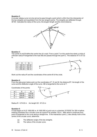 ©    Version: 2 Feb 12                           8 ‐ 5 
Question 2
A circular railway curve is to be set out to pass through a point which is 40m from the intersection of
the two straights and equidistant from the two tangent points. The straights are deflected through
46°40'. Calculate the radius of the curve, the tangent length and the chord distance.
Question 3
Two points A and B define the centre line of a road. From a point T on this centre line starts a circle of
unknown radius R tangential to the road AB and passes through the point C. The distance AT is 57.32
m.
pt E N
A 100.72 120.32
B 200.18 192.37
C 250.38 158.12
Work out the radius R and the coordinates of the centre M of the circle.
Question 4
From the data given below work out the coordinates of T, E and M, the distance BT, the length of the
curve and the deflection angle of the curve. AB is tangential to the curve at T.
Coordinates of the points:
pt E N
A 934.82 379.85
B 705.48 403.10
C 524.91 463.84
Radius R = 274.00 m Arc length CE : 87.23 m
Question 5
A road begins at A (E 1000.000 m, N 1000.000 m) and runs in a direction 33°50'00'' for 350 m before
entering clockwise into a circular curve at a point P for another 120 m. After which it continues from
point Q tangential to the curve along a straight line. If the intersection point (I) lies directly north of the
centre of the circular curve, determine:
(a) The deflection angle of the two straights.
(b) The radius of the circular curve.
 
