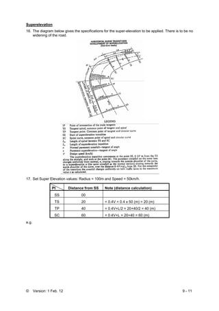 © Version: 1 Feb. 12 9 - 11
Superelevation
16. The diagram below gives the specifications for the super-elevation to be applied. There is to be no
widening of the road.
17. Set Super Elevation values: Radius = 100m and Speed = 50km/h.
Pt Distance from SS Note (distance calculation)
SS 00
TS 20 = 0.4V = 0.4 x 50 (m) = 20 (m)
TP 40 = 0.4V+L/2 = 20+40/2 = 40 (m)
SC 60 = 0.4V+L = 20+40 = 60 (m)
e.g.
 
