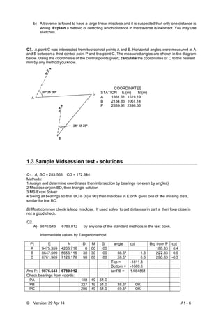 © Vers
b) A
w
s
Q7. A p
and B be
below. U
mm by a
1.3 Sa
Q1. A) B
Methods
1 Assign
2 Misclo
3 MS Ex
4 Swing
similar fo
B) Most
not a goo
Q2.
A) 9
Pt
A
B
C
Ans P:
Check b
PA
PB
PC
sion: 29 Apr
A traverse is
wrong. Expla
sketches.
oint C was in
etween a thir
Using the coo
any method y
ample Mi
BC = 283.56
s:
n and determ
se or join BD
xcel Solver
all bearings
or line BC.
common che
od check.
9876.543
Intermediate
E
9475.359
8647.509
8761.969
9876.543
earings from
14
s found to ha
ain a method
ntersected fr
rd control po
ordinates of t
you know.
idsessio
3, CD = 17
mine coordina
D, then triang
so that DC i
eck is loop m
6789.012
e values by T
N
4206.716
5656.116
7126.176
6789.012
m coords:
ve a large lin
d of detectin
om two cont
int P and the
the control po
S
A
n test - s
2.844
ates then inte
gle solution
s 0 (or 90) th
misclose. If u
by any one
Tangent meth
D M
0 00
38 30
98 00
188 49 5
227 19 5
286 49 5
near misclos
g which dista
trol points A a
e point C. Th
oints given; c
COO
STATION
A 1881.6
B 2134.8
P 2339.9
solutions
ersection by
hen misclose
used solver t
e of the stand
hod
S angl
00
00 38
00 59
Top =
Bottom
tanPB
51.0
51.0 38
51.0 59
e and it is su
ance in the tr
and B. Horiz
e measured
calculate the
ORDINATES
E (m) N
61 1523.19
86 1061.14
91 2398.36
s
bearings (or
e in E or N gi
o get distanc
dard method
e cot
8.5º 1
9.5º 0
-1811.3
m = -1669.6
B = 1.0848
8.5º OK
9.5º OK
uspected that
raverse is inc
ontal angles
angles are s
e coordinate
S
(m)
even by ang
ves one of th
ces in part a
ds in the text
Brg fro
188
1.3 227
0.6 286
3
6
861
A
t only one di
correct. You
s were measu
shown in the
es of C to the
gles)
he missing d
then loop clo
book.
m P cot
8.83 6.4
7.33 0.9
6.83 -0.3
A1 - 6
stance is
may use
ured at A
diagram
e nearest
dists,
ose is
 