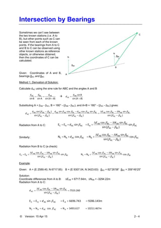 © Version: 15 Apr 15 2 - 4
Intersection by Bearings
Sometimes we can’t see between
the two known stations (i.e. A to
B), but other points such as C can
be seen from each of the known
points. If the bearings from A to C
and B to C can be observed using
other known stations as reference
objects, or otherwise obtained,
then the coordinates of C can be
calculated.
Given: Coordinates of A and B,
bearings βAC and βBC
Method 1, Derivation of Solution:
Calculate dAC using the sine rule for ABC and the angles A and B
)(A sin
d
A sin
d
B sin
d ABBCAC
B
 
)(A sin
B sin dAB
B
dAC


Substituting A = AB - AC, B = 180° - (AB - BC), and A+B = 180° - (AC - BC) gives:
)( sin
 sin N  cos 
)( sin
 sin  cos d  cos  sin d
)( sin
)( sin d
BCAC
BCABBCAB
BCAC
BCABABBCABAB
BCAC
BCABAB















E
dAC
Radiation from A to C: AC
BCAC
BCABBCAB
AACACAC  sin 
)( sin
 sin  cos 
E sin EE 






NE
d
Similarly: AC
BCAC
BCABBCAB
AACAC  cos 
)( sin
 sin  cos 
N cos NN 






NE
dAC
Radiation from B to C (a check):
BC
BCAC
ACABACAB
BC  sin 
)( sin
 sin  cos 
EE 





NE
BC
BCAC
ACABACAB
BC  cos 
)( sin
 sin  cos 
NN 





NE
Example:
Given: A = (E 2589.40, N 6717.85) B = (E 9307.04, N 3423.63) βAC = 62°26’58” βBC = 359°49’25”
Solution:
Coordinate differences from A to B: EAB = 6717.64m, NAB = -3294.22m
Radiation from A to C:
260.7553
)( sin
 sin N  cos 
BCAC
BCABBCAB





E
dAC
9286.143m       6696.743  E        sinEE AAC ACAC  d
10211.467m        3493.617  N        cos NN AAC ACAC  d
 