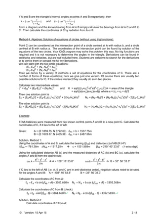 © Version: 15 Apr 15 2 - 8
If A and B are the triangle’s internal angles at points A and B respectively, then
)(tan2 1
BCds
r
A

 
and )(tan2 1
ACds
r
B

 
From a diagram and the known bearing from A to B simply calculate the bearings from A to C and B to
C. Then calculate the coordinates of C by radiation from A or B.
Method 4. Algebraic Solution of equations of circles (without using trig functions):
Point C can be considered as the intersection point of a circle centred at A with radius b, and a circle
centred at B with radius a. The coordinates of the intersection point can be found by solution of the
equations of the two circles. Your CAD program may solve the problem this way. No trig functions are
required and it is not necessary to determine the angles in the triangle. Derivations can be found in
textbooks and websites, but are not included here. Students are welcome to search for the derivations
or to derive them or contact me for my derivations.
We can start with the two circle equations:
(EC-EA)2
+ (NC-NA)2
= dAC
2
(EC-EB)2
+ (NC-NB)2
= dBC
2
Then we derive by a variety of methods a set of equations for the coordinates of C. There are a
number of forms of these equations; here we give just one version. Of course there are usually two
possible solutions for C. If the circles intersect they usually do so in two places.
Calculate two intermediate values:
d2
= dAB
2
= (EB-EA)2
+ (NB-NA)2
and K = sqrt(((rA+rB)2
-d2
)(d2
-(rA-rB)2
))/4 = area of the triangle
= sqrt((s(s-rA)(s-rB)(s-d)) where s = (rA + rB + d)/2
Then one solution point is
EC = (EB+EA)/2 + (EB-EA)(rA
2
-rB
2
)/2d2
+ 2(NB-NA)K/d2
NC = (NB+NA)/2 + (NB-NA)(rA
2
-rB
2
)/2d2
- 2(EB-EA)K/d2
The other solution point is
EC = (EB+EA)/2 + (EB-EA)(rA
2
-rB
2
)/2d2
- 2(NB-NA)K/d2
NC = (NB+NA)/2 + (NB-NA)(rA
2
-rB
2
)/2d2
+ 2(EB-EA)K/d2
Example:
EDM distances were measured from two known control points A and B to a new point C. Calculate the
coordinates of C, if it lies to the left of AB.
Given: A = (E 1859.75, N 3722.63) dAC = b = 1537.75m
B = (E 1078.37, N 2405.38) dBC = a = 2487.56m
Solution, Method 1:
Using the coordinates of A and B, calculate the bearing (βAB) and distance (c) of AB (RP):
EAB = -781.38m NAB = -1317.25m  c = 1531.569m βAB = 210° 40’ 33.6” (1 extra digit)
Using the calculated distance AB (c) and the measured distances of AC (b) and BC (a), calculate the
angles A and B from the cosine rule:
2bc
acb
A cos
222

  A = 108° 16’ 53.8”
2ac
bac
B cos
222

  B = 35° 56’ 33.3”
If C lies to the left of AB (i.e. A, B and C are in anti-clockwise order), negative values need to be used
for the angles A and B: A = -108° 16’ 53.8” B = -35° 56’ 33.3”
Calculate the coordinates of C from A:
3361.660m )( sin bEE ABAC  A 3392.568m )( cos bNN ABAC  A
Calculate the coordinates of C from B (check):
  3361.660m  )B( sin aEE ABBC    3392.569m )B( cos aNN ABBC   
Solution, Method 2:
Calculate coordinates of C from A:
 