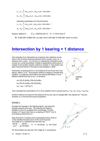 © Version: 15 Apr 15 2 - 9
3361.660m A) sin N A cos E(  EE ABABAC 
c
b
3392.568m A) sin E A cos N(  NN ABABAC 
c
b
Calculate coordinates of C from B (check):
 3361.660m B) sin N B cos E(  EE ABABBC 
c
a

 3392.568m B) sin E B cos N(  NN ABABBC 
c
a

Solution, Method 4: d2
AB = 2345702.267 m2
, K = 1118147.452 m2
 E 850.038, N 4882.439 not valid, and E 3361.660, N 3392.568 which is correct
Intersection by 1 bearing + 1 distance
One example of an intersection by a bearing and a distance occurs
when a line of known bearing intersects with a circular curve i.e. a
distance from a point. It is common in cadastral lot calculations with
circular arc curved boundaries. Details of applications will be given in
chapter 8 and another solution method in chapter 3. This section has
been improved thanks to the help of Joel Haasdyk in 2008.
Intersection of bearing β from A and distance R from B can lie in two
places, either C or D. One solution method is based on transforming
(rotation, no scale) the vector AB to the bearing AD follows. It is an
efficient method that has no sin-1
or divisions.
dAP=(EB-EA)sinβAD+(NB-NA)cosβAD
dBP=(EB-EA)cosβAD-(NB-NA)sinβAD
dCP = dDP = √(R2
-dBP
2
)
Then calculate the coordinates of C or D by radiation from A using β and dAC = dAP -dCP or dAD = dAP+dDP
Another method is to solve for the distance AC by sine rule on triangle ABC. But beware sin-1
has two
answers i.e. in the first and second quadrants.
Example 1:
Consider the triangle in the following figure, and solve the
triangle using the sine rule. The bearing and distance
between X and Z is available from coordinates. Find the
location of Y given that it lies on a bearing 27°09’47” from X
and distance 438.03 from Z.
Note that there is another point considerably further north of
Y that satisfies the data but is not the point required.
The angle at Y is obtained from the sine rule:
44'32"18sin
438.03
sin
797.92


Y
 Y = 35°49’28” or 144°10’32”
For this problem we want the 144° angle for Y, according to
 