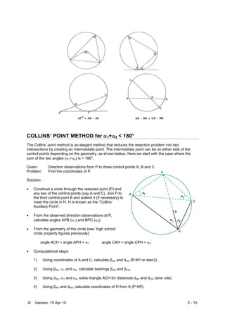 © Version: 15 Apr 15 2 - 15
COLLINS’ POINT METHOD for 1+2 < 180°
The Collins’ point method is an elegant method that reduces the resection problem into two
intersections by creating an intermediate point. The intermediate point can be on either side of the
control points depending on the geometry, as shown below. Here we start with the case where the
sum of the two angles (1+2) is < 180°.
Given: Direction observations from P to three control points A, B and C.
Problem: Find the coordinates of P.
Solution:
 Construct a circle through the resected point (P) and
any two of the control points (say A and C). Join P to
the third control point B and extend it (if necessary) to
meet the circle in H. H is known as the “Collins’
Auxiliary Point”.
 From the observed direction observations at P,
calculate angles APB (1) and BPC (2).
 From the geometry of the circle (see ‘high school’
circle property figures previously):
angle ACH = angle APH = 1 angle CAH = angle CPH = 2
 Computational steps:
1) Using coordinates of A and C, calculate βAC and dAC (RP or atan2).
2) Using βAC, 1 and 2, calculate bearings βAH and βCH.
3) Using dAC, 1 and 2, solve triangle ACH for distances dAH and dCH (sine rule).
4) Using βAH and dAH, calculate coordinates of H from A (PR).
 