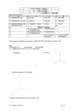 © Version: 15 Apr 15 2S - 3
Angle Radians Degrees
A 1.1630 66.6347
B 1.2486 71.53867
1314.949 C 4103.499
Spreadsheet formulas:
B C D E F N
1 =MOD(B3+E5,360) b 223.201 1161.634 A 3941.286
2 =MOD((B3-E6)-180,360) a 216.014 1099.689 B 4085.466
3 =MOD(DEGREES(ATAN
2((N3),(E3))),360)
c =SQRT(E3^2+N3^2) =E2-E1 D
iff
=N2-N1
4 Radians Degrees
5 A =ACOS((D1^2+D3^2-
D2^2)/(2*D1*D3))
=DEGREES(D5)
6 B =ACOS((D2^2+D3^2-
D1^2)/(2*D2*D3))
=DEGREES(D6)
7 =E1+D1*SIN(RA
DIANS(B1))
C =N1+D1*COS(R
ADIANS(B1))
Check, distance a (BC) from coordinates: =SQRT((E7-E2)^2+(N7-N2)^2) = 216.014 OK
Q4.
Coordinates of P = E 83 499.009 N 50 073.254
a) Labelling points A B C P as 1 2 3 4 respectively:
Directions rotated to fit coordinates:
(b) Collins' Point Method, with sum of angles > 180°
 